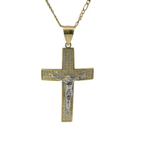 14KT Gold Charm Extra Large Two Tone Three Row White CZ Stones Crucifix Cross with Plain Bell