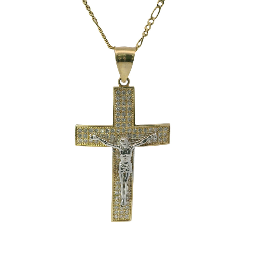 14KT Gold Charm Extra Large Two Tone Three Row White CZ Stones Crucifix Cross with Plain Bell