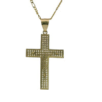 14KT Gold Charm Extra Large Two Tone Three Row White CZ Stones Crucifix Cross with Plain Bell