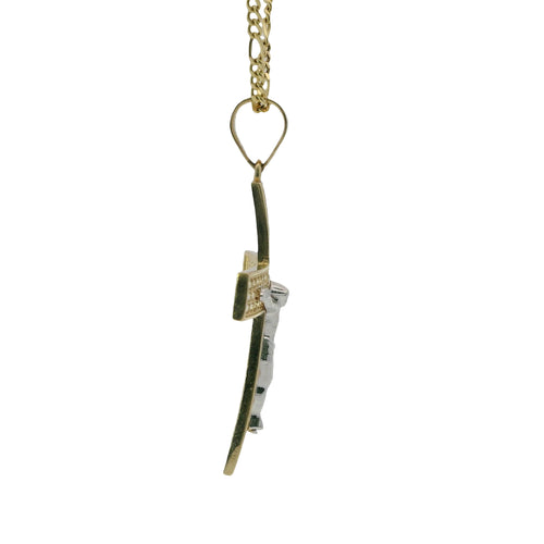 14KT Gold Charm Extra Large Two Tone Three Row White CZ Stones Crucifix Cross with Plain Bell