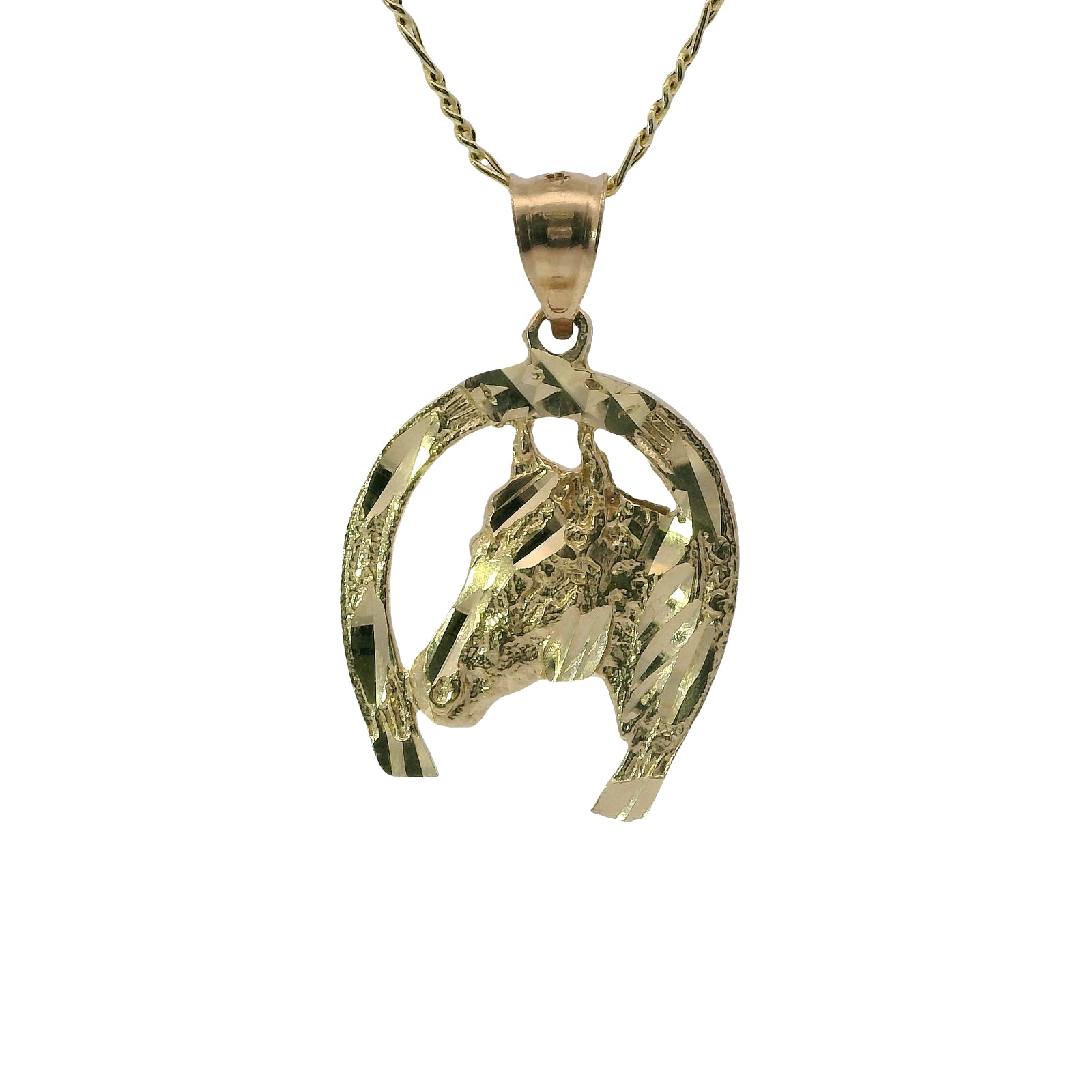 14KT Gold Charm Large Diamond Cut Horsehead Center with Horseshoe Border and Plain Bell
