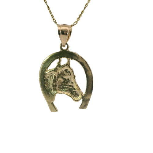 14KT Gold Charm Large Diamond Cut Horsehead Center with Horseshoe Border and Plain Bell