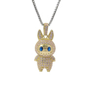 14KT Gold Charm Large 3D Flat Back LaBuBu Navy Blue Oval CZ Stones Eyes, Light Pink CZ Stones Body and Bell