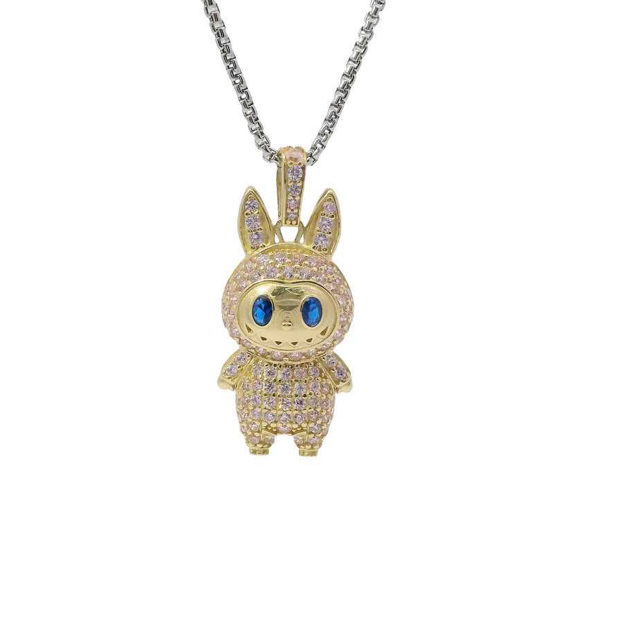 14KT Gold Charm Large 3D Flat Back LaBuBu Navy Blue Oval CZ Stones Eyes, Light Pink CZ Stones Body and Bell