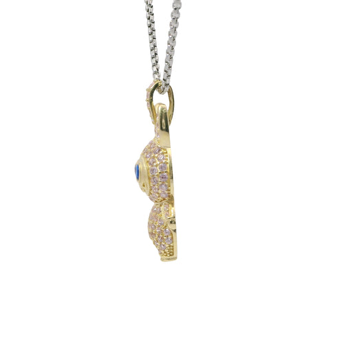 14KT Gold Charm Large 3D Flat Back LaBuBu Navy Blue Oval CZ Stones Eyes, Light Pink CZ Stones Body and Bell
