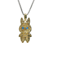 14KT Gold Charm Large 3D Flat Back LaBuBu Navy Blue Oval CZ Stones Eyes, Light Pink CZ Stones Body and Bell