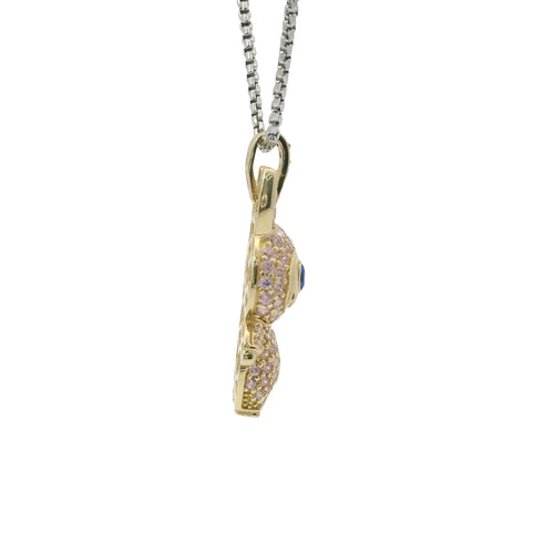 14KT Gold Charm Large 3D Flat Back LaBuBu Navy Blue Oval CZ Stones Eyes, Light Pink CZ Stones Body and Bell