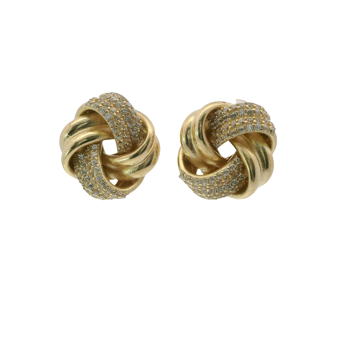 14KT Gold Earrings Medium Two White CZ Stones Strand Square Knot with Open Center, Push Back Post, and Butterfly Backs