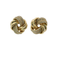 14KT Gold Earrings Medium Two White CZ Stones Strand Square Knot with Open Center, Push Back Post, and Butterfly Backs