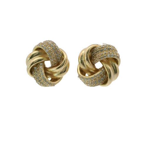 14KT Gold Earrings Medium Two White CZ Stones Strand Square Knot with Open Center, Push Back Post, and Butterfly Backs