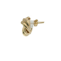 14KT Gold Earrings Medium Two White CZ Stones Strand Square Knot with Open Center, Push Back Post, and Butterfly Backs