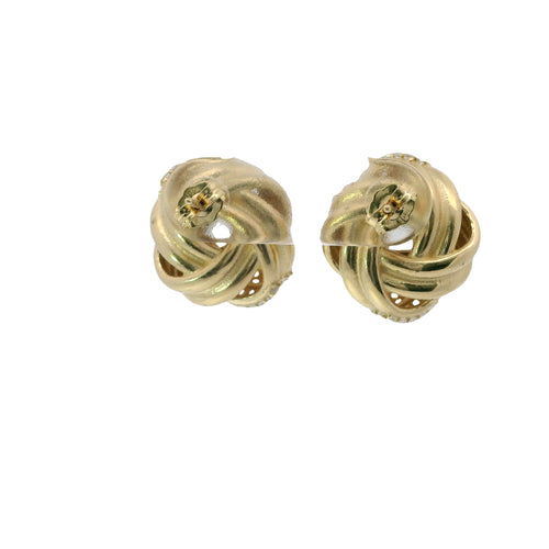 14KT Gold Earrings Medium Two White CZ Stones Strand Square Knot with Open Center, Push Back Post, and Butterfly Backs