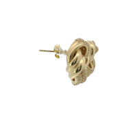 14KT Gold Earrings Medium Two White CZ Stones Strand Square Knot with Open Center, Push Back Post, and Butterfly Backs