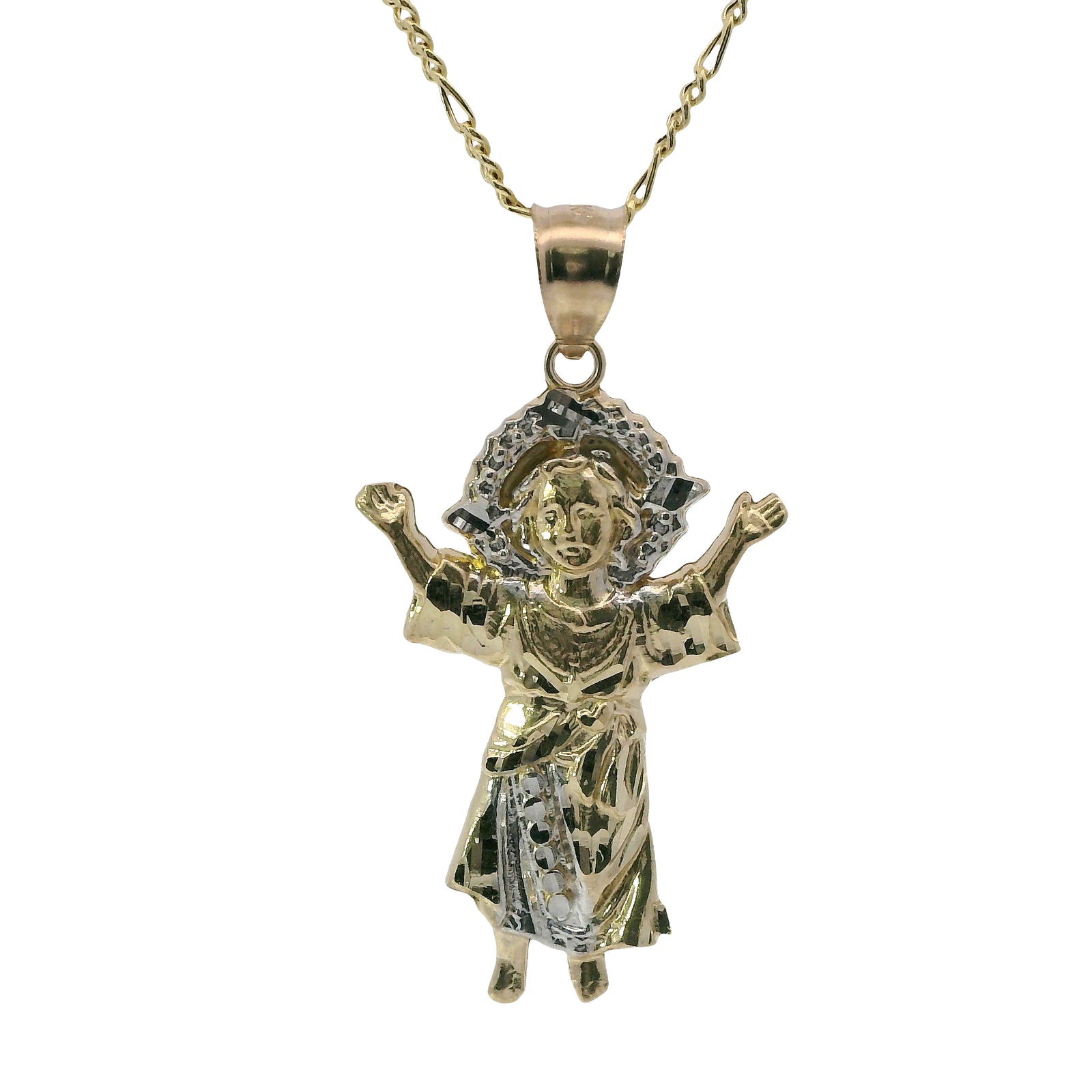 14KT Gold Charm Medium Two Tone Angel with Diamond Cut Halo and Robe with Plain Bell