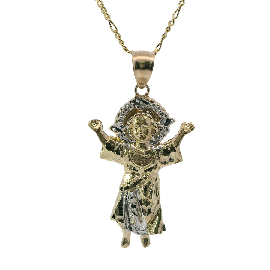 14KT Gold Charm Medium Two Tone Angel with Diamond Cut Halo and Robe with Plain Bell