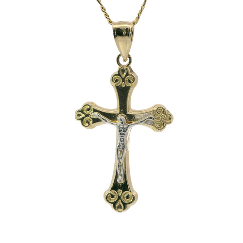 14KT Gold Charm Medium Two Tone Club Shape Flur de Lis Ends Crucifix Cross with Plain Bell