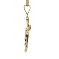 14KT Gold Charm Medium Two Tone Club Shape Flur de Lis Ends Crucifix Cross with Plain Bell