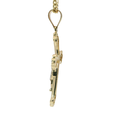 14KT Gold Charm Medium Two Tone Club Shape Flur de Lis Ends Crucifix Cross with Plain Bell
