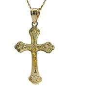 14KT Gold Charm Medium Two Tone Club Shape Flur de Lis Ends Crucifix Cross with Plain Bell