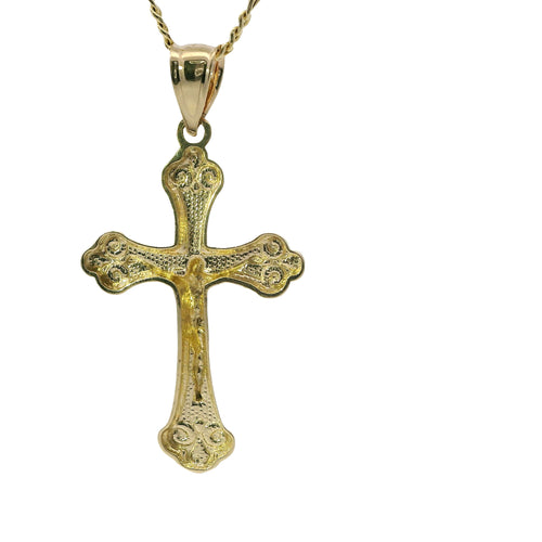 14KT Gold Charm Medium Two Tone Club Shape Flur de Lis Ends Crucifix Cross with Plain Bell