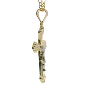 14KT Gold Charm Medium Two Tone Club Shape Flur de Lis Ends Crucifix Cross with Plain Bell