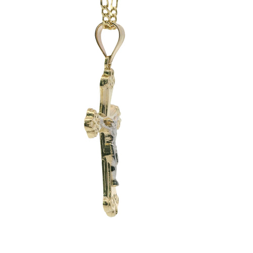 14KT Gold Charm Medium Two Tone Club Shape Flur de Lis Ends Crucifix Cross with Plain Bell