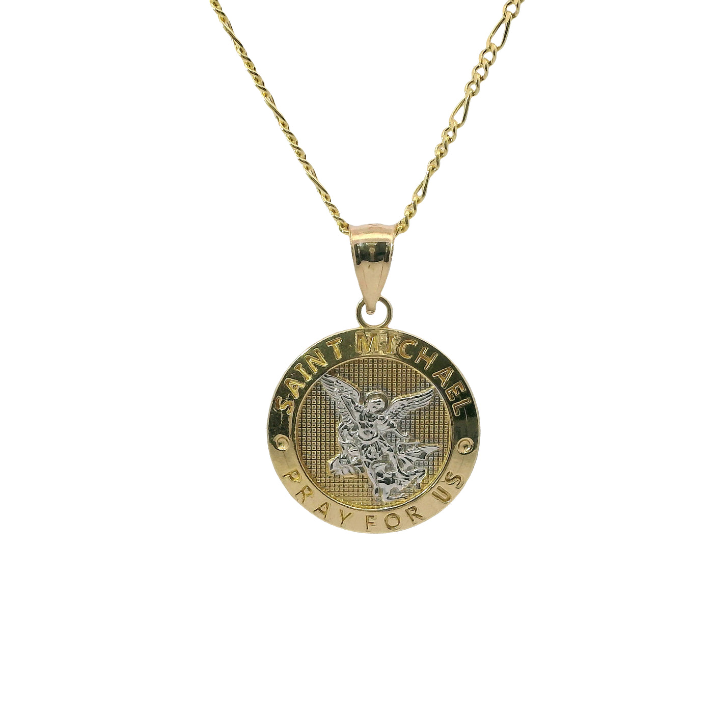 14KT Gold Charm Medium Two Tone St Michael Coin with "PRAY FOR US" Border and Plain Bell