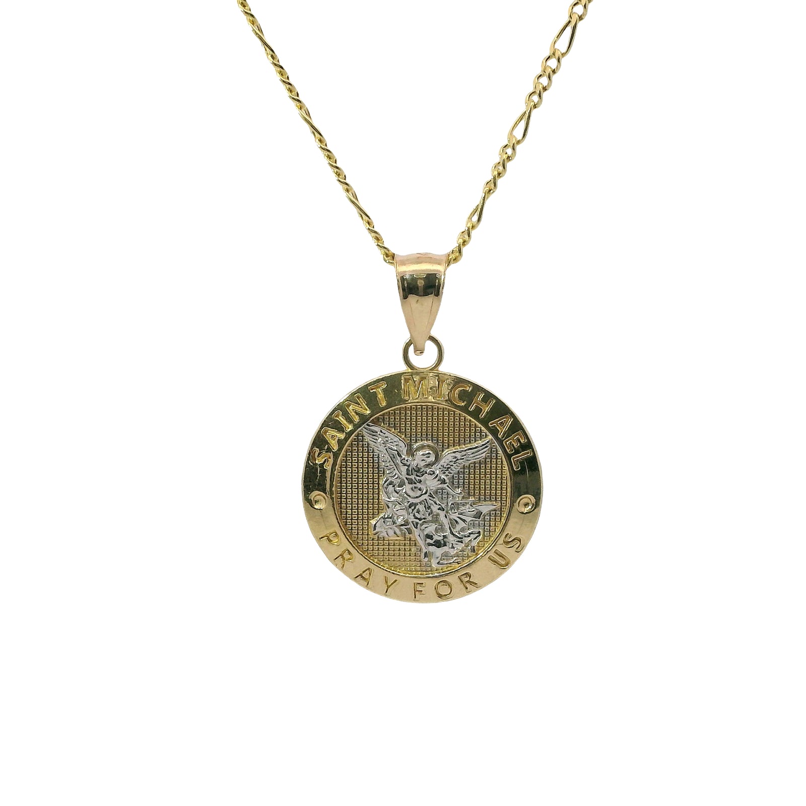 14KT Gold Charm Medium Two Tone St Michael Coin with "PRAY FOR US" Border and Plain Bell