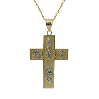 14KT Gold Charm Medium Two Tone Catholic Saints Cross with Virgin Mary, St Michael, St Charbel, St Christopher, and St Jude Center and Plain Bell