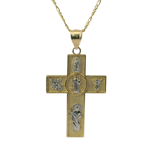 14KT Gold Charm Large Two Tone Catholic Saints Cross with Virgin Mary, St Michael, St Charbel, St Christopher, and St Jude Center and Plain Bell
