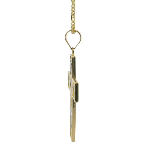 14KT Gold Charm Medium Two Tone Catholic Saints Cross with Virgin Mary, St Michael, St Charbel, St Christopher, and St Jude Center and Plain Bell