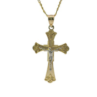 14KT Gold Charm Medium Two Tone Spade Shape Flare Ends Crucifix Cross with Plain Bell