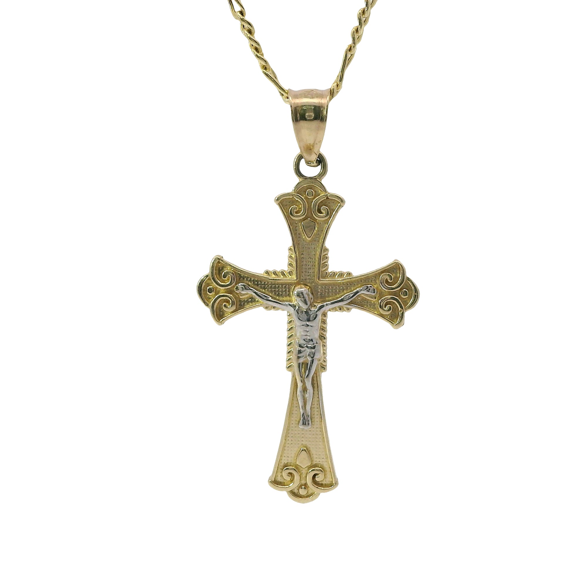 14KT Gold Charm Medium Two Tone Spade Shape Flare Ends Crucifix Cross with Plain Bell