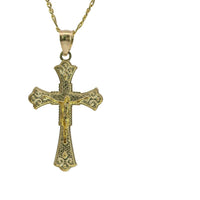 14KT Gold Charm Medium Two Tone Spade Shape Flare Ends Crucifix Cross with Plain Bell