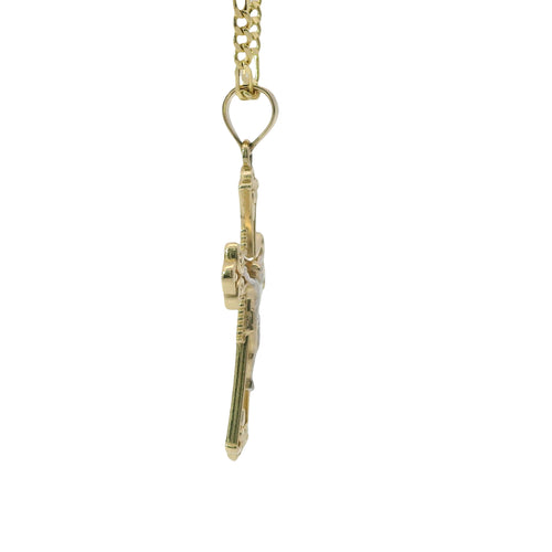 14KT Gold Charm Medium Two Tone Spade Shape Flare Ends Crucifix Cross with Plain Bell