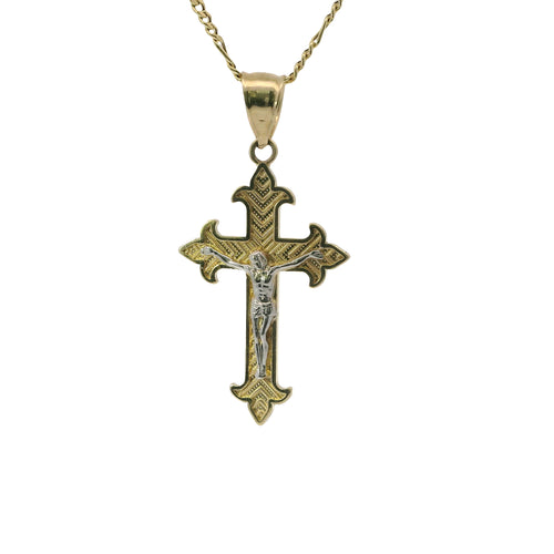 14KT Gold Charm Medium Two Tone Stripe Center Dagger Flare Ends Crucifix Cross with Plain Bell