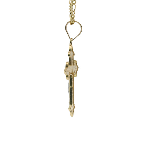 14KT Gold Charm Medium Two Tone Stripe Center Dagger Flare Ends Crucifix Cross with Plain Bell