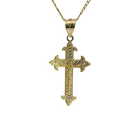 14KT Gold Charm Medium Two Tone Stripe Center Dagger Flare Ends Crucifix Cross with Plain Bell