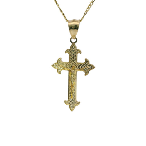14KT Gold Charm Medium Two Tone Stripe Center Dagger Flare Ends Crucifix Cross with Plain Bell