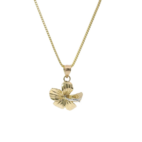 14KT Gold Charm Medium Two Tone Hibiscus Flower with Plain Bell