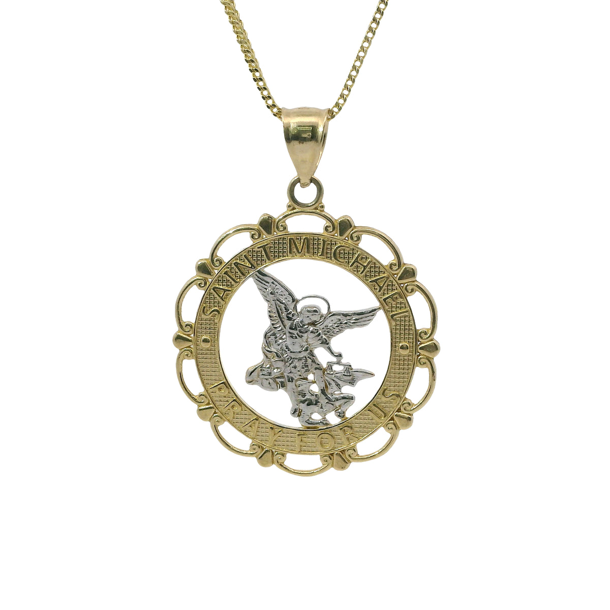 14KT Gold Charm Medium Two Tone Open Center St Michael "PRAY FOR US" Coin with Open Scallop Edge and Plain Bell