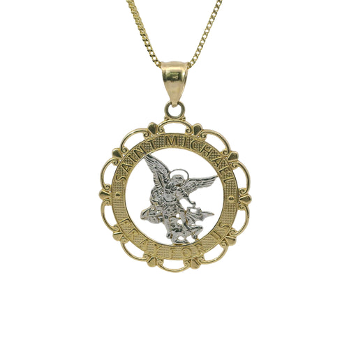 14KT Gold Charm Medium Two Tone Open Center St Michael "PRAY FOR US" Coin with Open Scallop Edge and Plain Bell