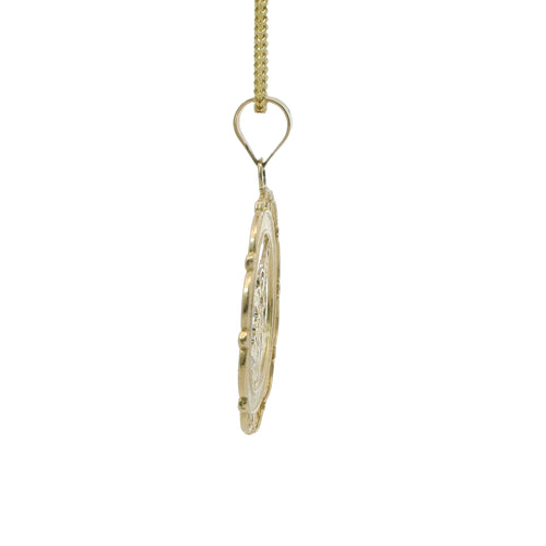 14KT Gold Charm Medium Two Tone Open Center St Michael "PRAY FOR US" Coin with Open Scallop Edge and Plain Bell