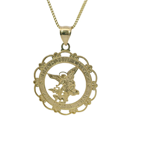 14KT Gold Charm Medium Two Tone Open Center St Michael "PRAY FOR US" Coin with Open Scallop Edge and Plain Bell