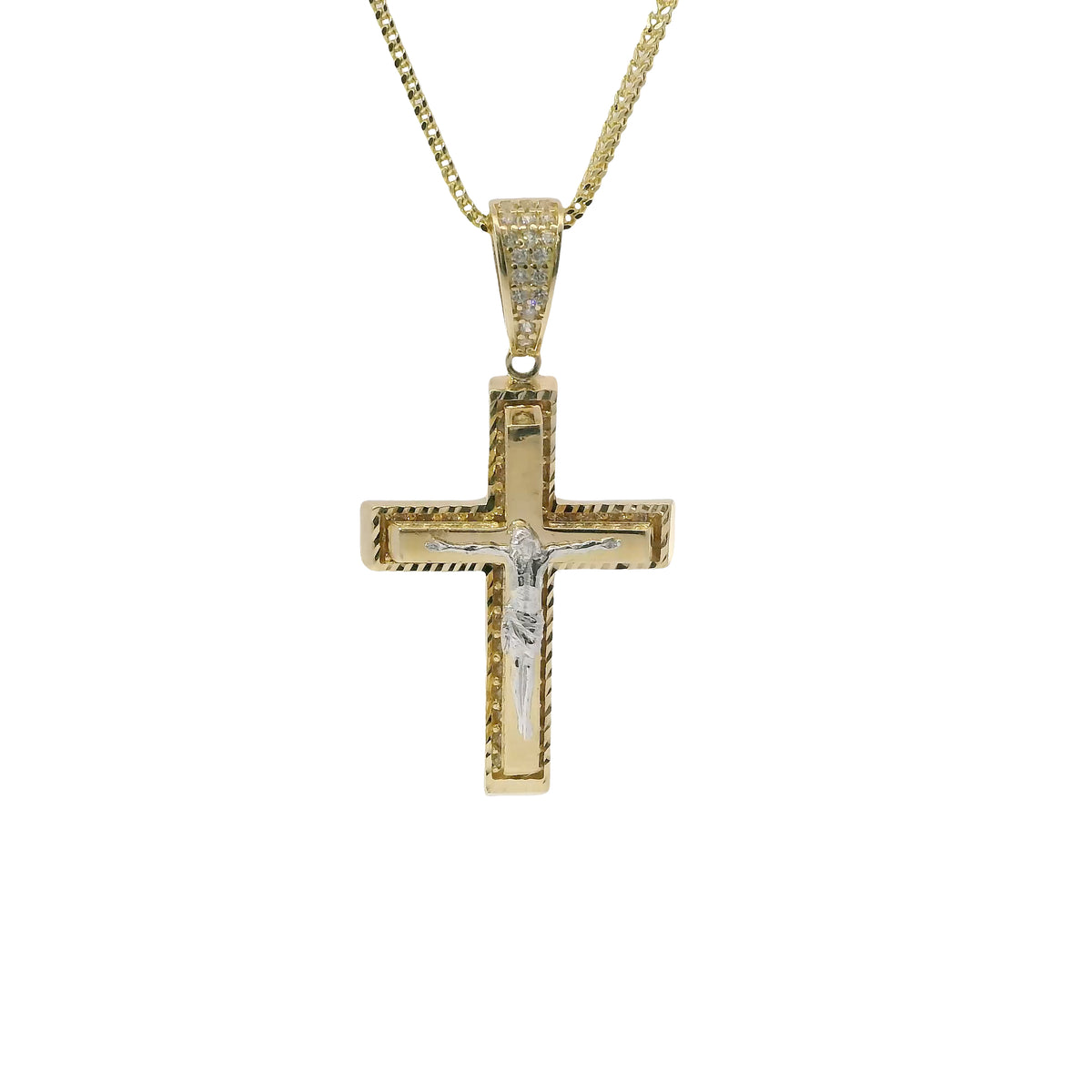 14KT Gold Charm Medium Two Tone Raised Platform Crucifix Cross with Diamond Cut Border and White CZ Stones Under Center Platform and White CZ Stone Bell