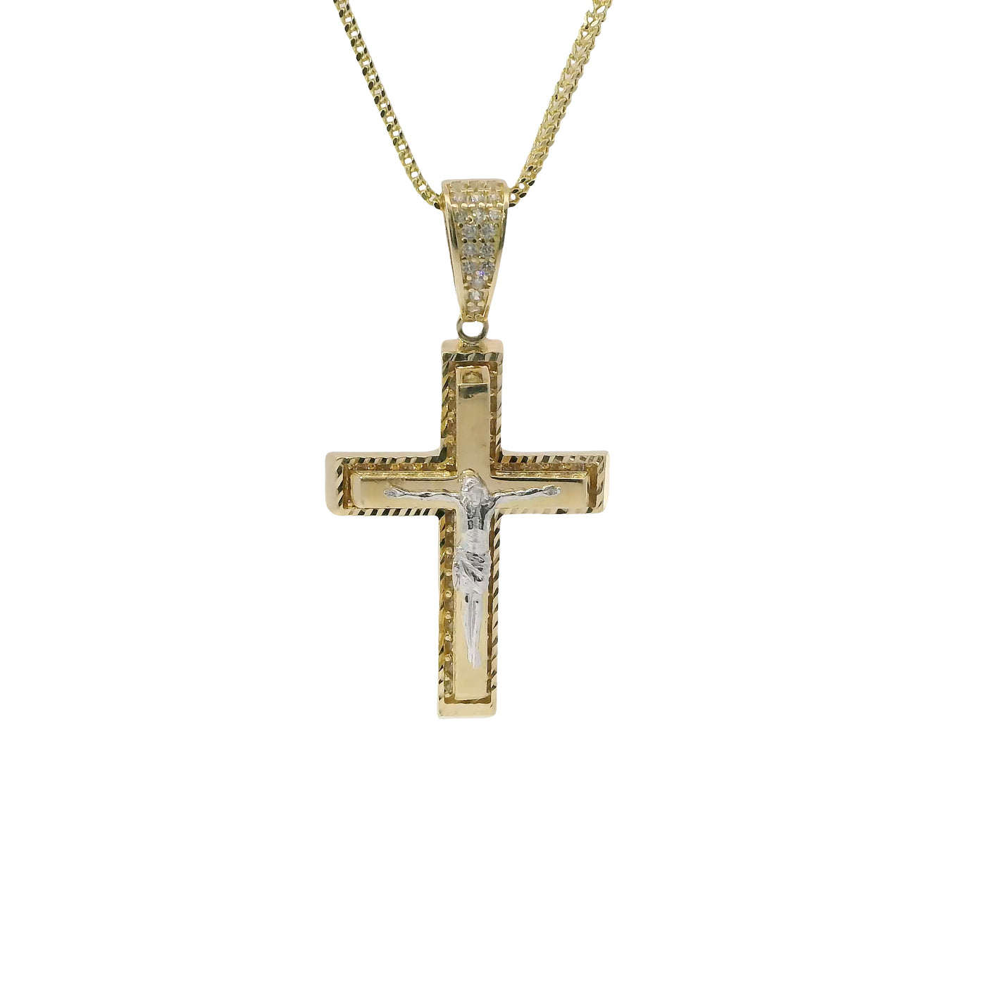 14KT Gold Charm Medium Two Tone Raised Platform Crucifix Cross with Diamond Cut Border and White CZ Stones Under Center Platform and White CZ Stone Bell