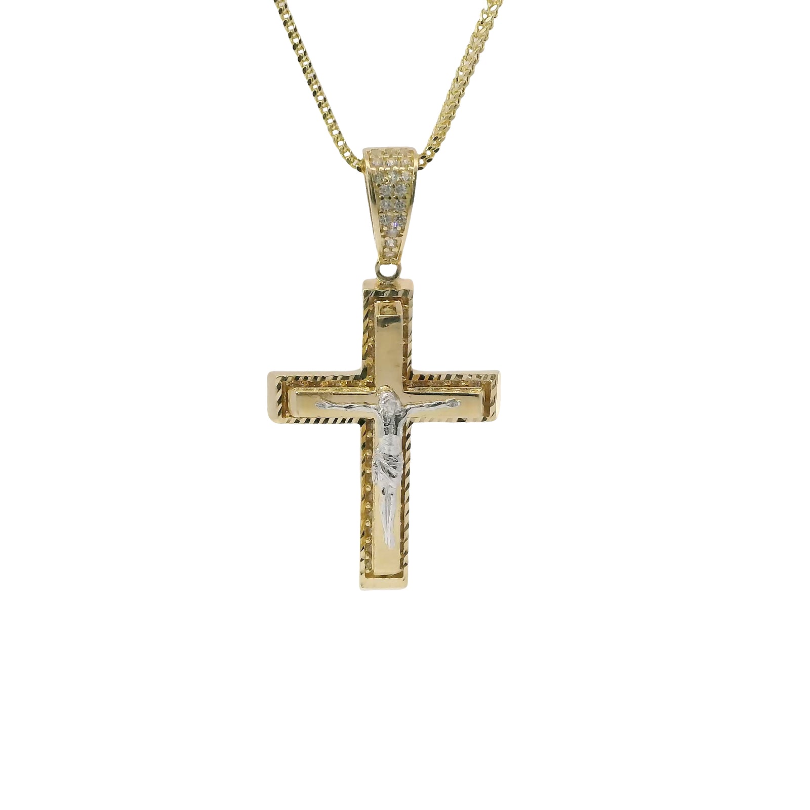 14KT Gold Charm Medium Two Tone Raised Platform Crucifix Cross with Diamond Cut Border and White CZ Stones Under Center Platform and White CZ Stone Bell