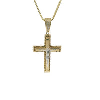 14KT Gold Charm Medium Two Tone Raised Platform Crucifix Cross with Diamond Cut Border and White CZ Stones Under Center Platform and White CZ Stone Bell