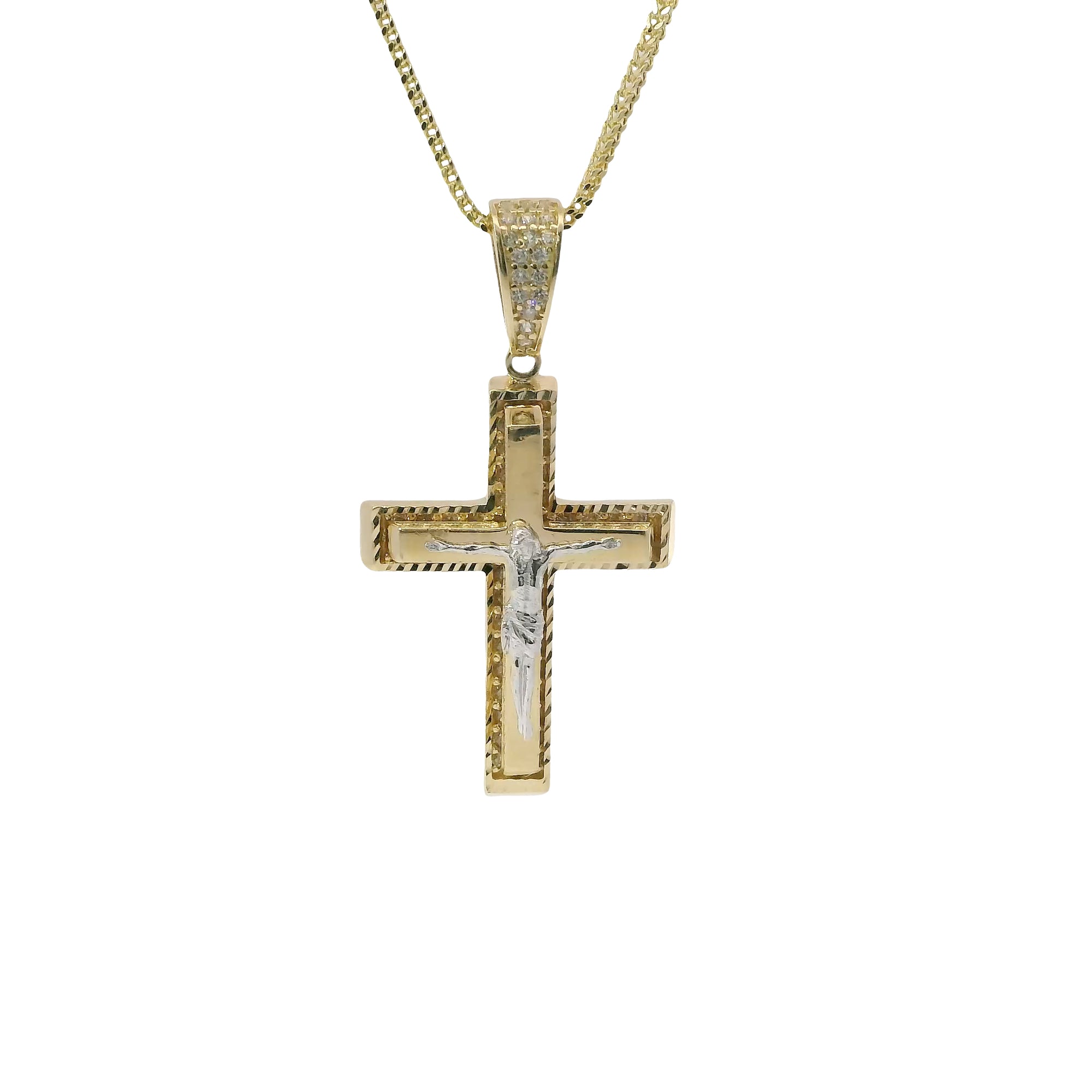 14KT Gold Charm Medium Two Tone Raised Platform Crucifix Cross with Diamond Cut Border and White CZ Stones Under Center Platform and White CZ Stone Bell