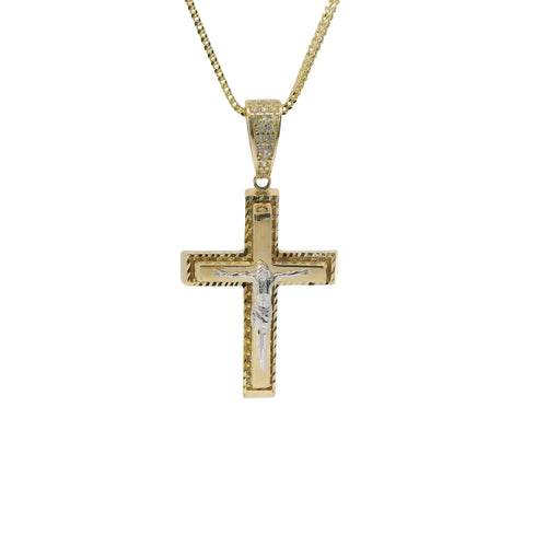 14KT Gold Charm Medium Two Tone Raised Platform Crucifix Cross with Diamond Cut Border and White CZ Stones Under Center Platform and White CZ Stone Bell